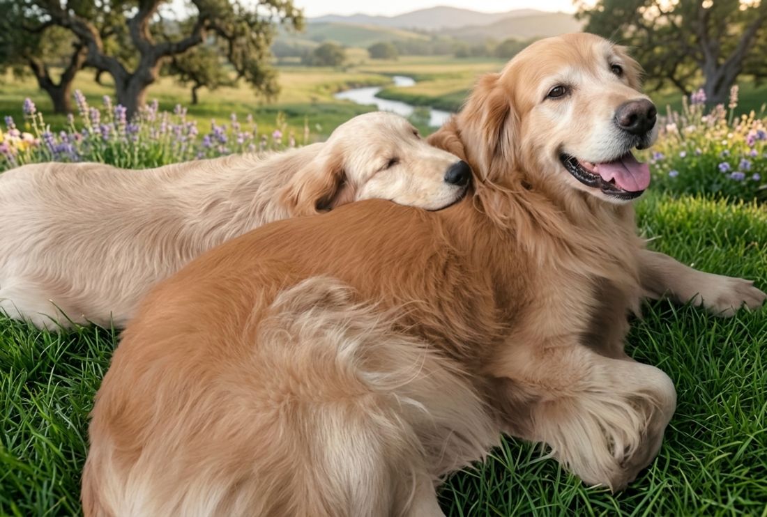 Dois goldens abraçados na grama