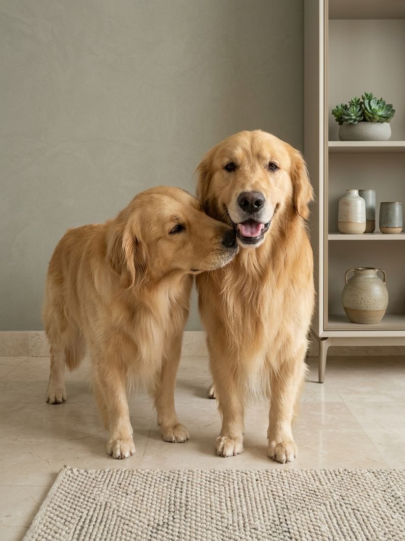 Dois goldens trocando carinho