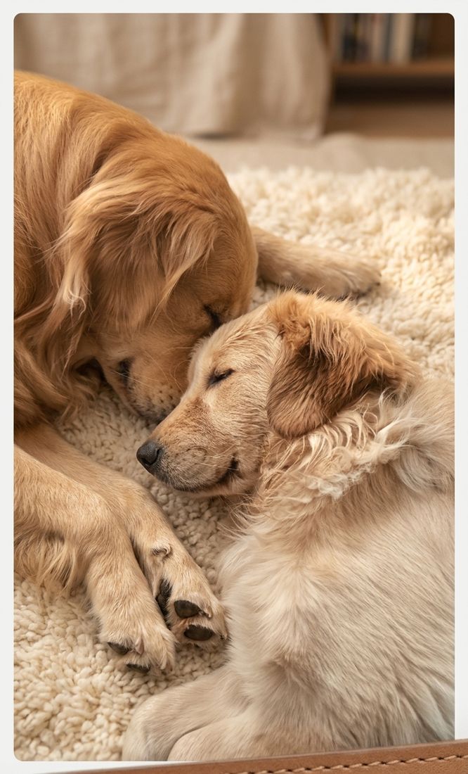 Golden e filhote dormindo juntinhos