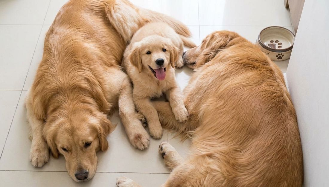 Três goldens deitados juntinhos no chão