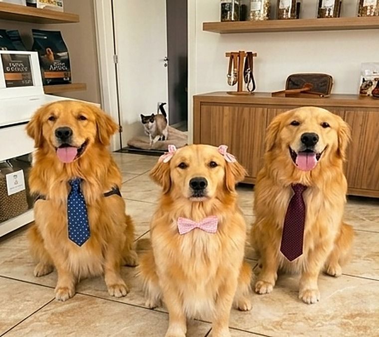 Três goldens de gravata e laço sentados numa loja
